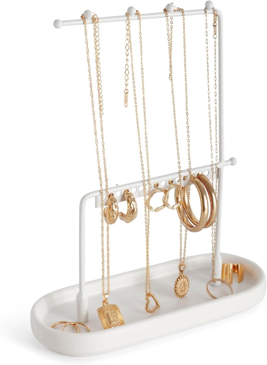 SnelShoppen - Jewelry Stand | Metalen Sieradenstandaard met Keramische Sieradenbak voor Ringen, Armbanden en Kleine Sieraden | Hanger en Oorbellen Pre