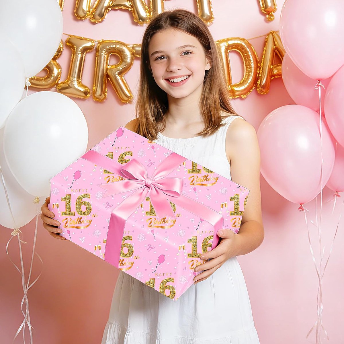 SnelShoppen - Verjaardagscadeau Inpakpapier voor Meisjes 16e Verjaardag, Roze Cadeaupapier, Gelukkige Verjaardag, Luxe Inpakset voor Feestelijke Decor