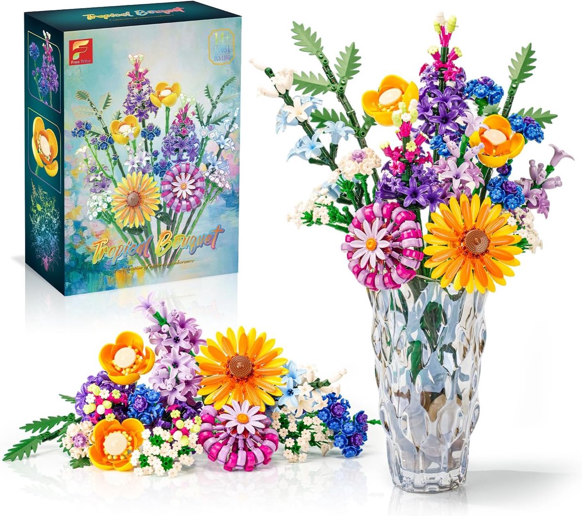 SnelShoppen - Bouwstenen Bloemen Set - 16 Stuks Wilde Bloemen Boeket met 1183 Stenen - Decoratieve Dahlias, Cornflowers, Lavendel en Gerbera's - Plant