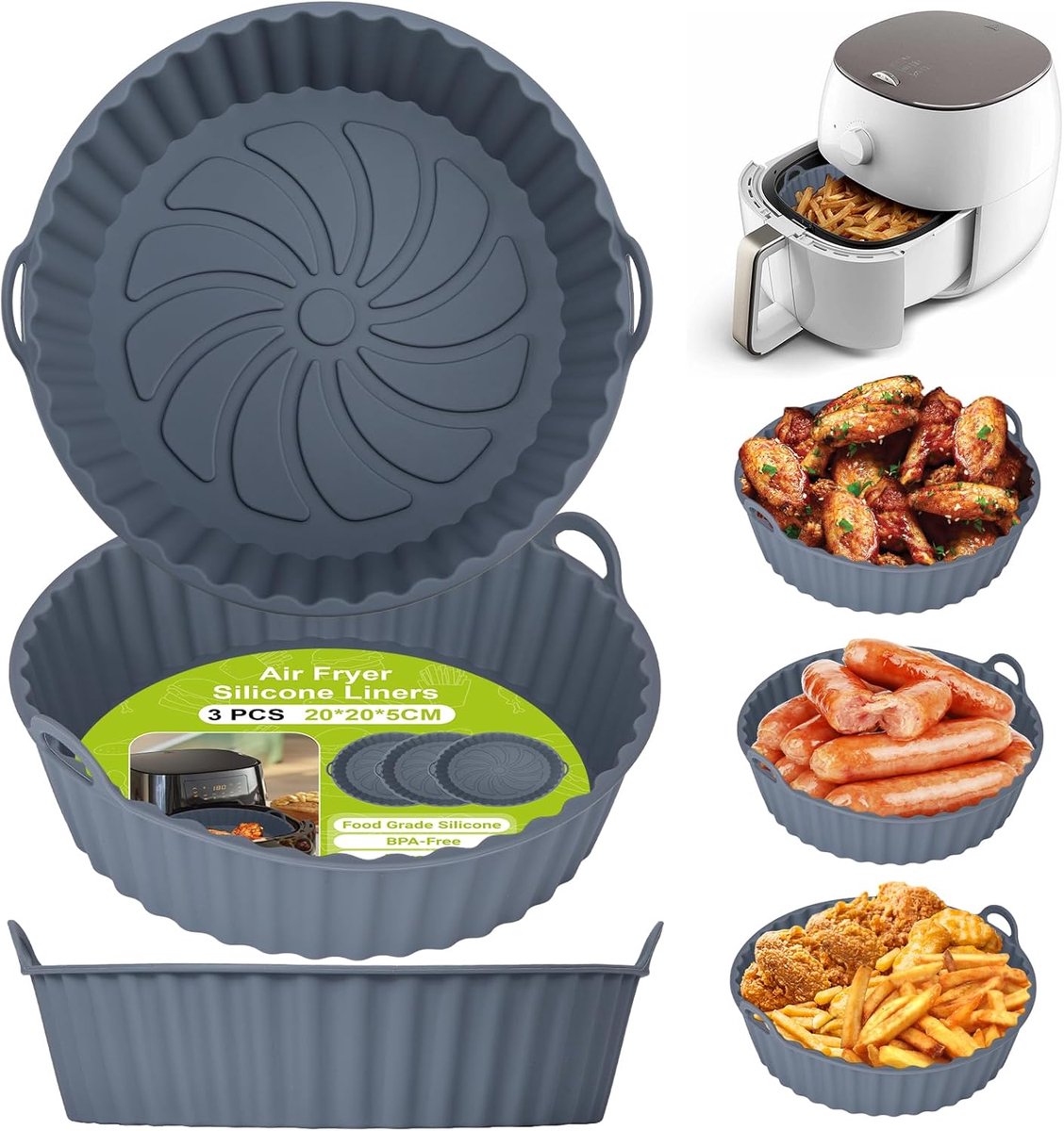 SnelShoppen - Air Fryer Silicone Pot Set - 3 Stuks Herbruikbare Liner voor Airfryer en Oven - Veilig, Duurzaam en Niet Plakkerig - Grijs - 20x20x5CM -