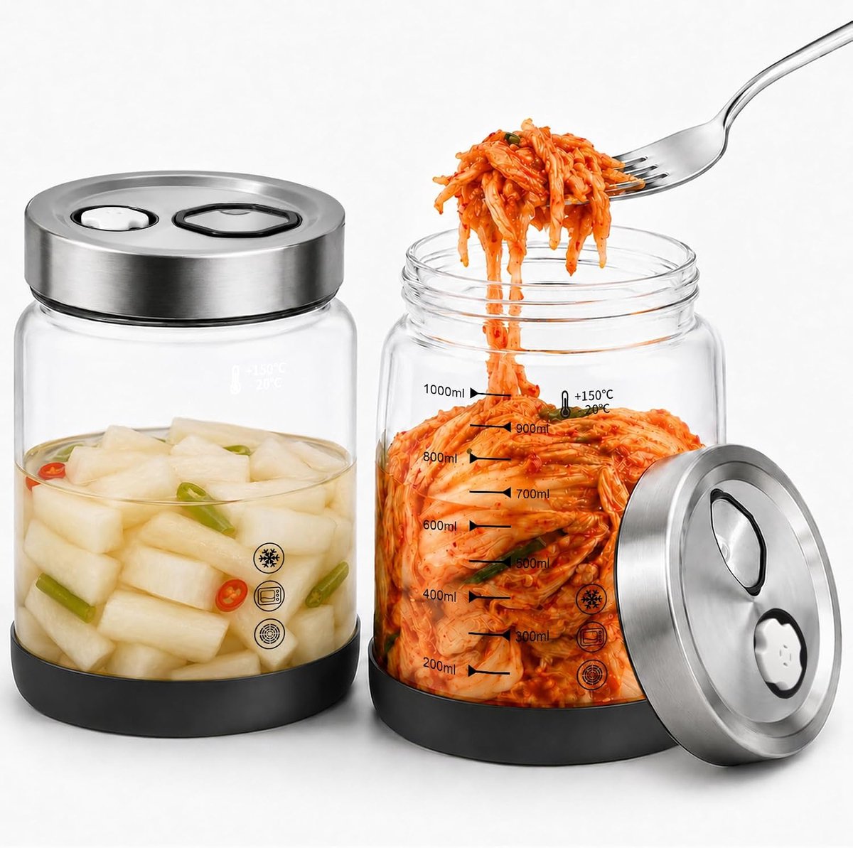 SnelShoppen - Fermentatiepotten 1L - 2 stuks Borosilicaatglas met Deksel en Ventilatieopeningen - Ideaal voor Gisten van Kimchi, Kombucha, en Meer - W