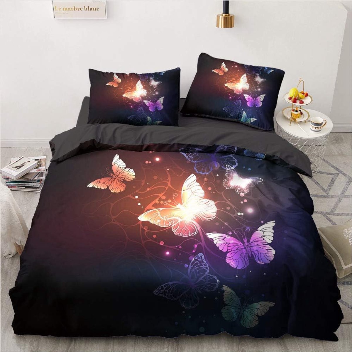 SnelShoppen - Kleurige Vlinder Dekbedovertrek Set 200x200cm - Zwart Microfiber - Inclusief 2 Pillowcases 80x80cm - Reversible Design - Ademend en Comf