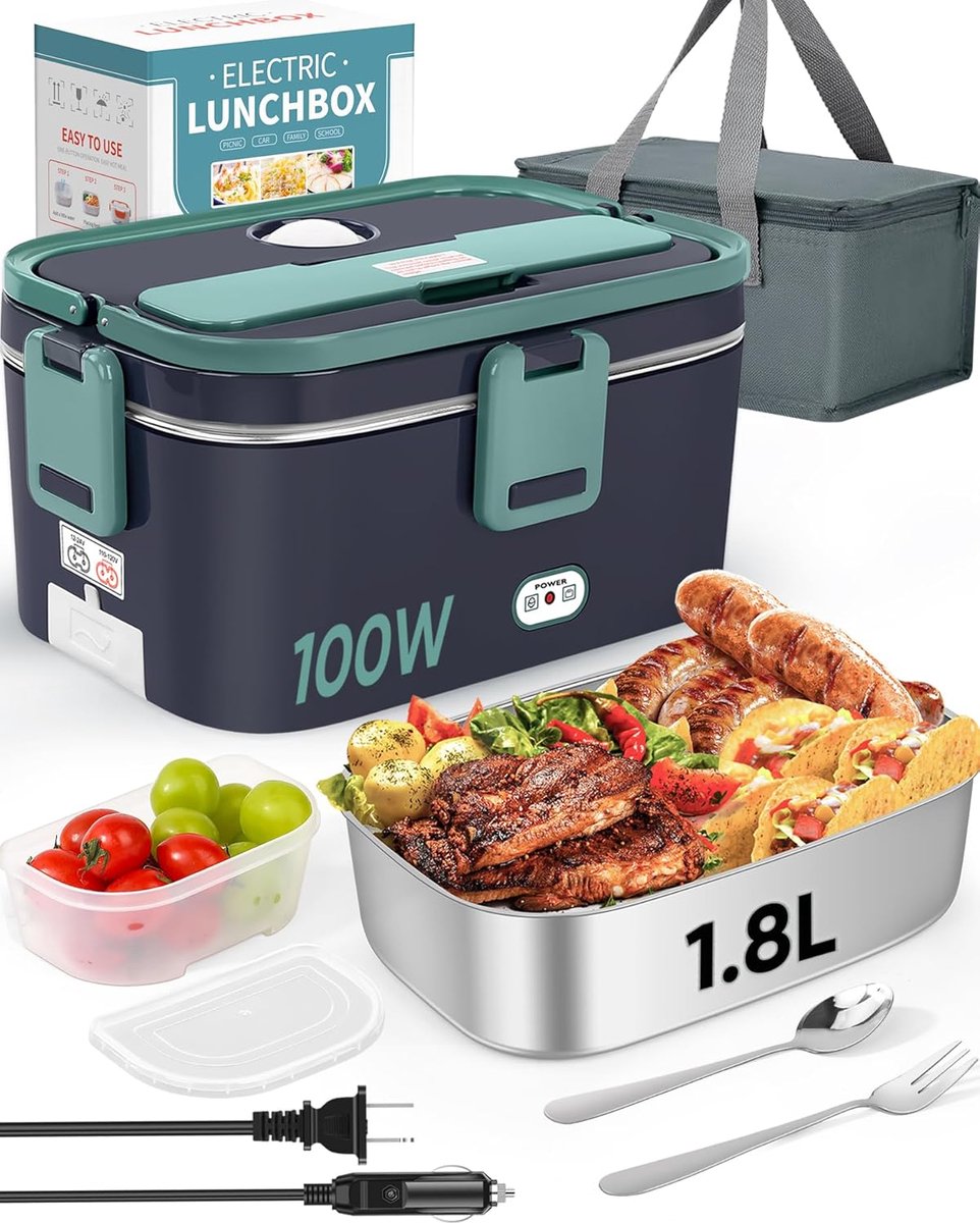 SnelShoppen - Portable elektrische lunchbox voor werk, 100W snel verwarmen, ideaal voor thuis, op kantoor, camping, gezond eten, BPA-vrij, 1.5L capaci