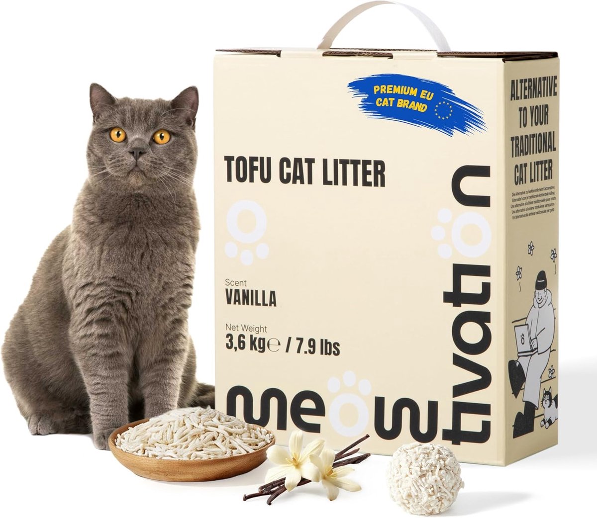 SnelShoppen - Tofu Kattenbakvulling 3.6 kg - Klonterende Groentelitter van Erwtenschillen, 99% Stofvrij, Optimale Geurcontrole met Vanillegeur
