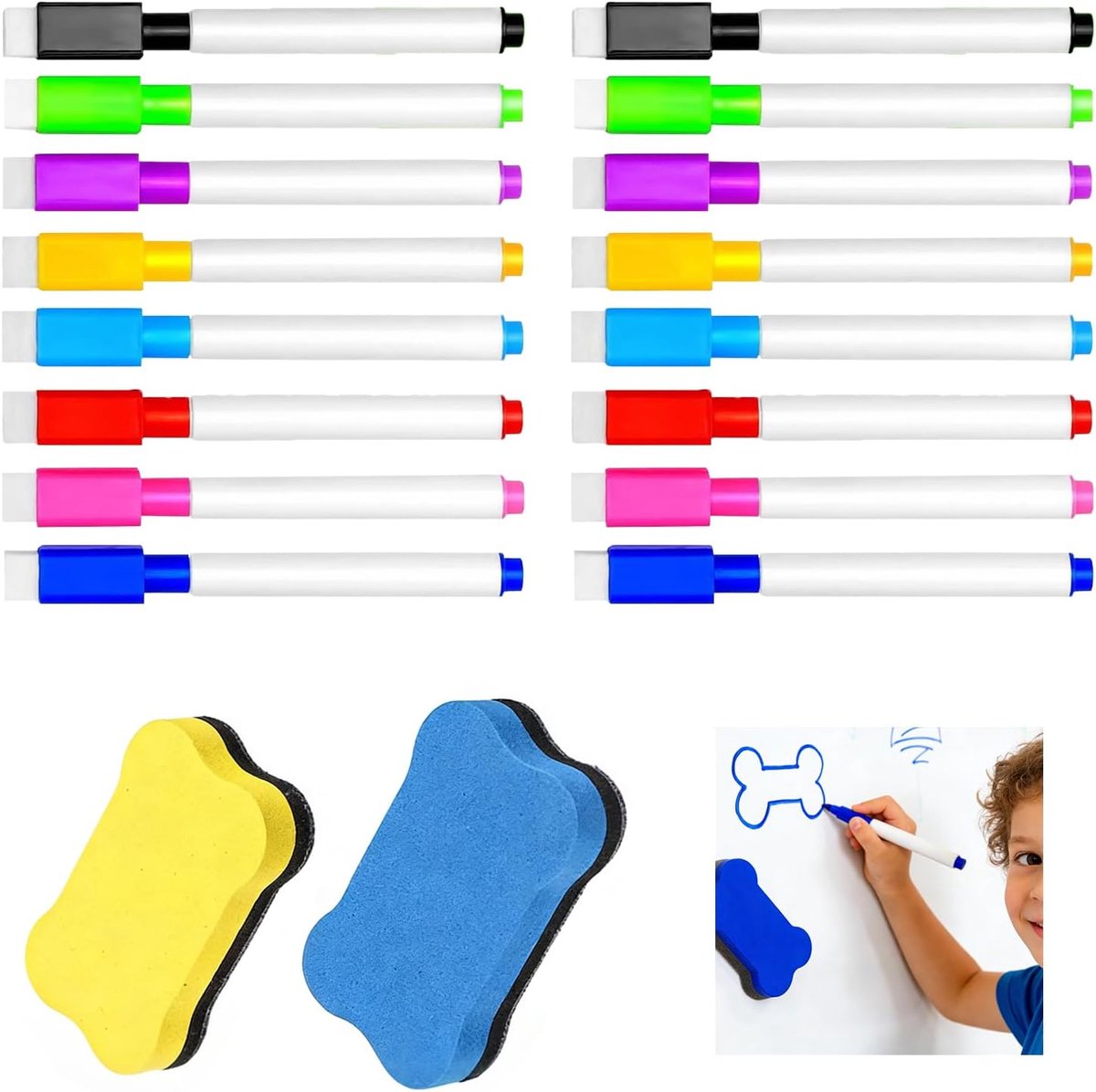 SnelShoppen - Pack van 16 Magnetische Whiteboard Markers, Multicolore Erasable Foil Pens in 8 Kleuren met 2 Uitveegbare Fineliner Chalkboard Pens voor