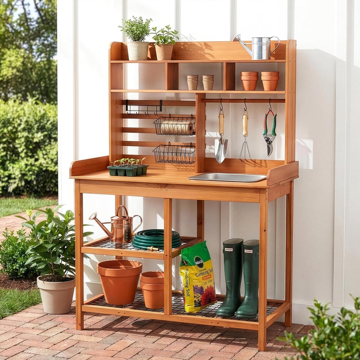 SnelShoppen - Scandinavische Coarse Pine Pot Tafel met Uitschuifbare Tafelblad en Verwijderbare Wasbak - Houten Werkstation voor Buiten, Tuin, Patio e