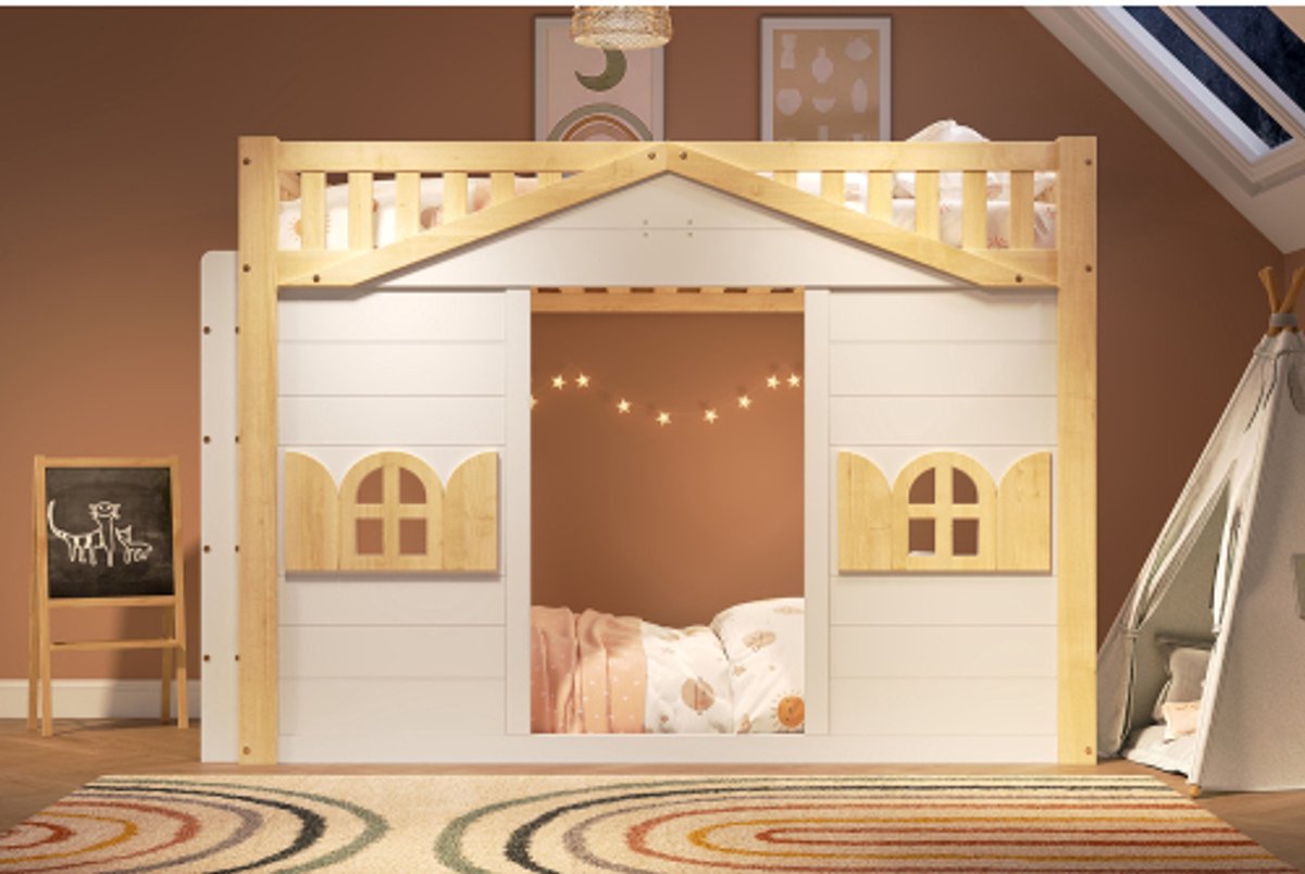 Kinderstapelbed 90x200 cm, ook te gebruiken als hoogslaper, met raam - flexibele hoogslaper/speelbed, houten frame - wit en naturel houtkleur.