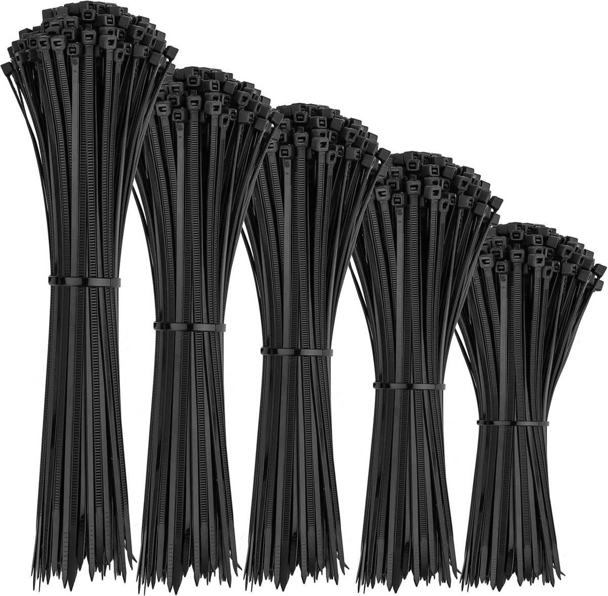 SnelShoppen - Kabelbinders Zwart Set van 1000 Stuks - Nylon Kunststof, UV-bestendig, Hittebestendig - Maten 100/150/200/250/300 mm voor Kabelbeheer in
