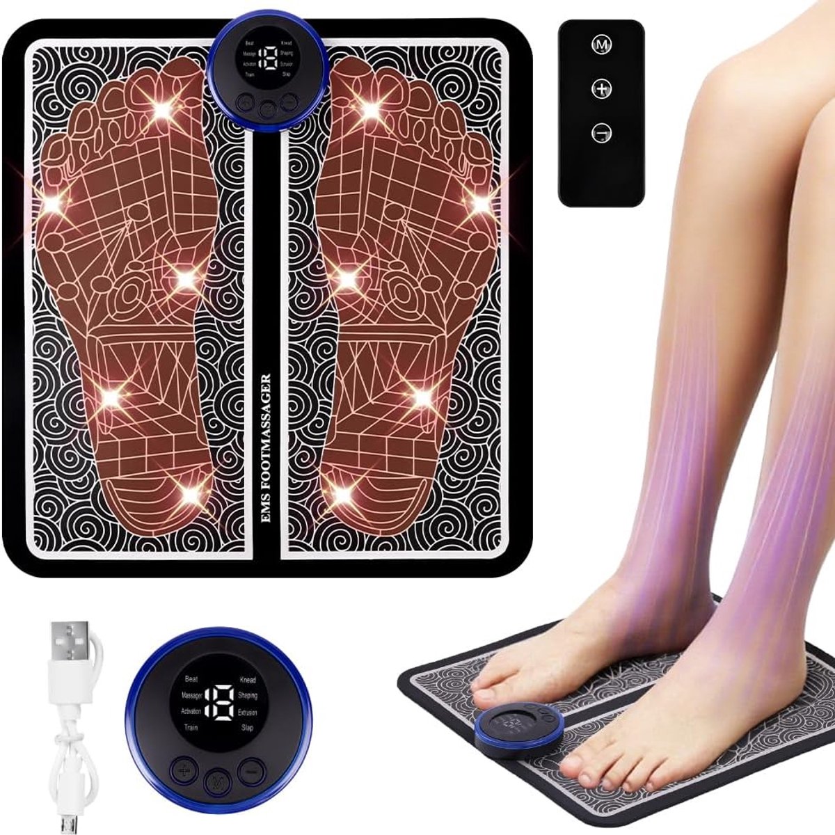 SnelShoppen - OSDUE Voetmassageapparaat - Elektrische Massagemat met 8 standen, 19 intensiteiten, Opvouwbaar en Draagbaar - Ideaal voor Sportliefhebbe