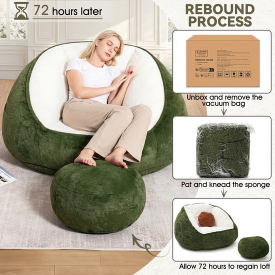 Vrouw slaapt op avocadogroene zitzak met witte voering en poef. Reboundproces met schuimblokken.
