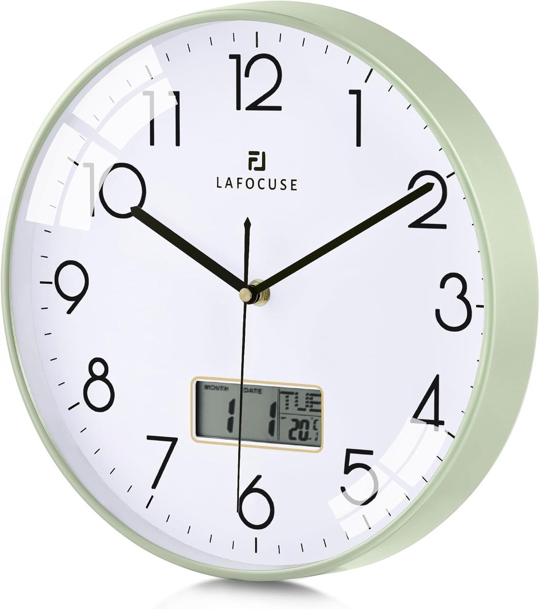 SnelShoppen - Moderne Digitale Wandklok met Kalender en Thermometer - 30 cm Groen - Analoog Kwartshorloge voor Woonkamer, Slaapkamer, Kantoor, Keuken