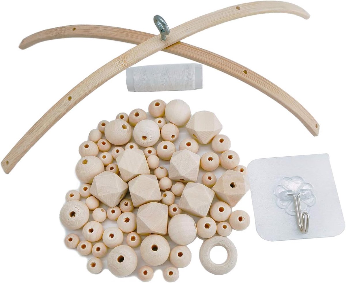 SnelShoppen - Doe-het-zelf Houten Mobiele Windgong Bedbel Kit - Natuurlijk Handwerk Houten Kralen, 64 Stuks, Geometrisch, Decoratie voor Kinderkamer e