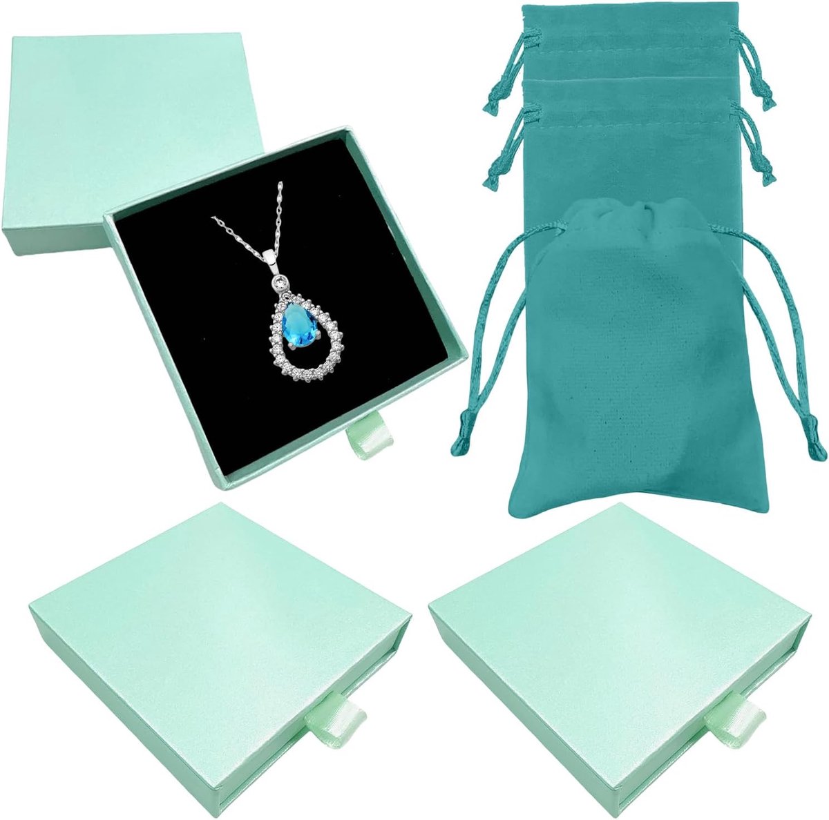 SnelShoppen - 3 Stuks Sieraden Geschenkdoos met Fluwelen Zakje - Lege Sieraden Dozen voor Armbanden, Verjaardag, Valentijnsdag, Bruiloft - Blauw Karto