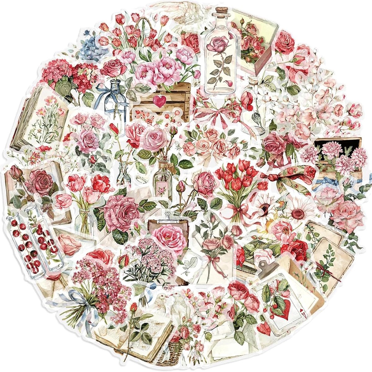 SnelShoppen - 50 Transparante Bloemenstickers - Vintage PET Stickers voor Laptop, Planner, Notitieboeken, Koffers, Creatief Handwerk, Dagboeken, Decor