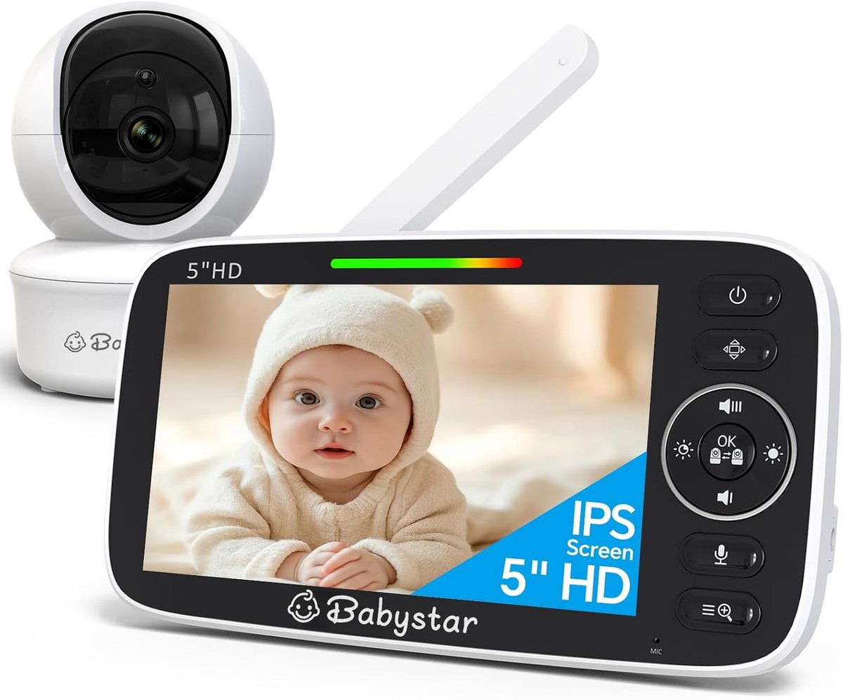 SnelShoppen - Babystar Babyfoon met Camera 5 Inch 720p HD Video, Nachtzicht, VOX-functie, Temperatuursensor, 2-Weg Audio, Babyfoon Zonder Wifi, Perfec
