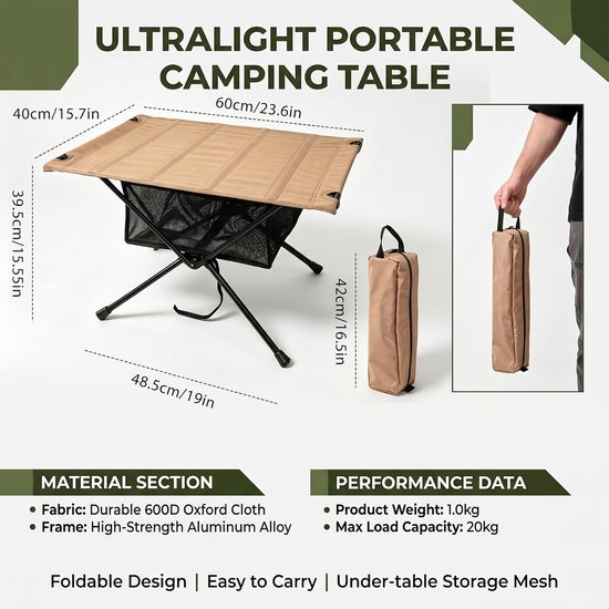 SnelShoppen - Opvouwbare Campingtafel Draagbaar met Draagtas en Netzak (60x40 cm) - Compacte Klaptafel voor Kamperen, Vissen, Picknicks en Outdoor Act van Snelshoppen — afbeelding 2