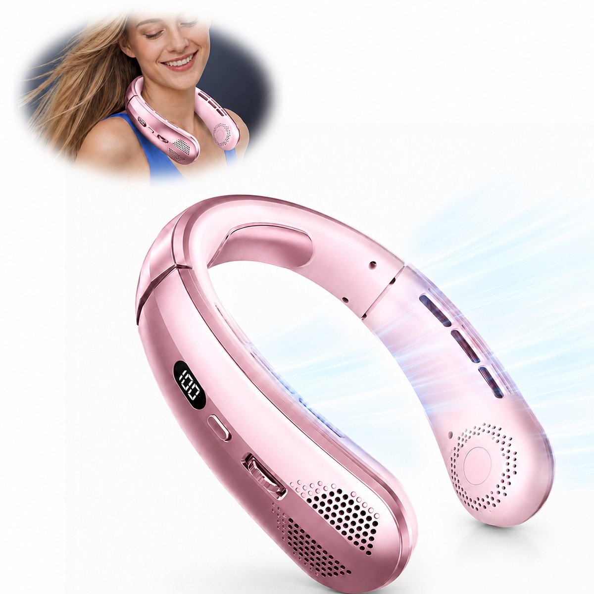 Ulisem - Draagbare Nek Ventilator – 100 Snelheden – USB Oplaadbaar – Bladeless Design – Ultra Stil – Handsfree Hangende Ventilator – Mini Nekventilator voor Outdoor, Reizen & Werk – roze