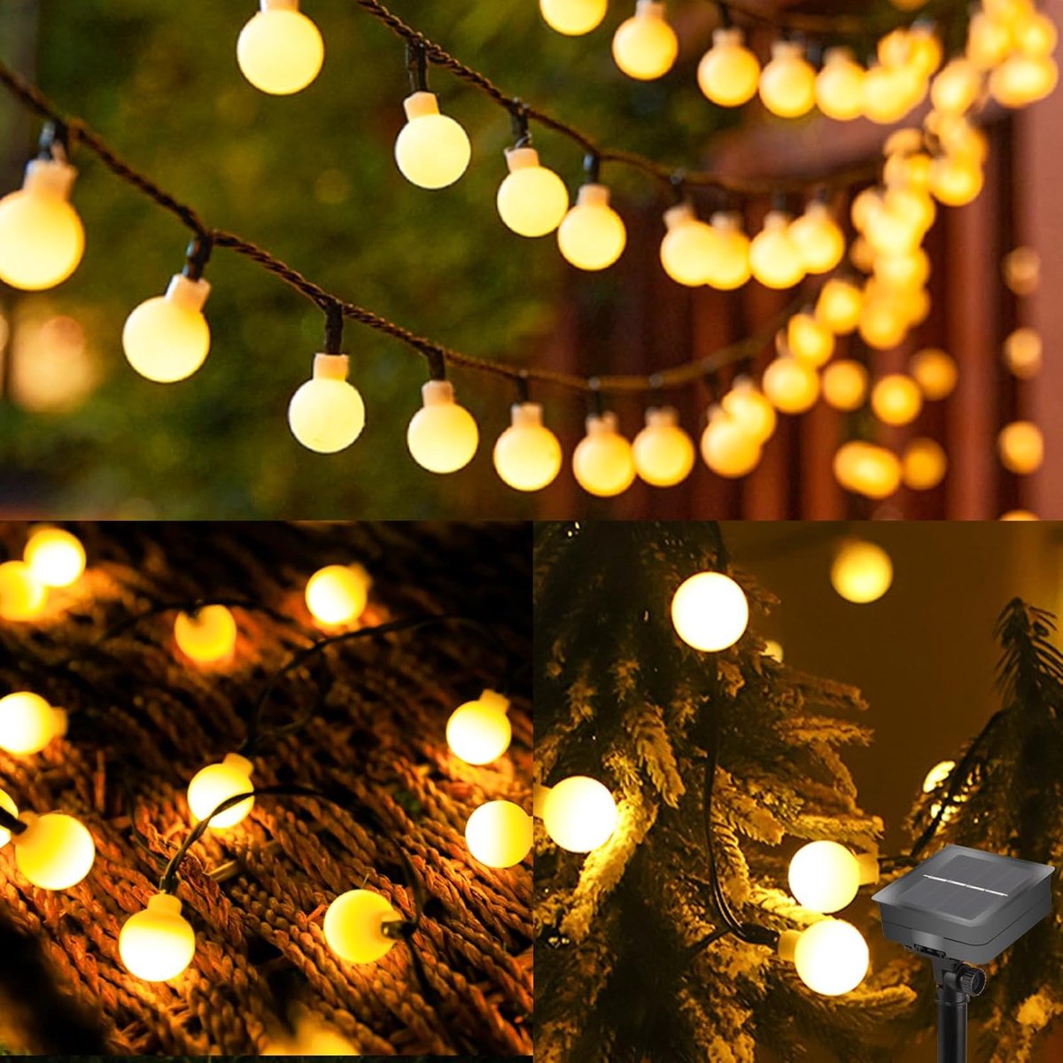 SnelShoppen - Lichtsnoer op Zonne-energie 12 m met 100 Bolletjes, 8 Modi, IP65 Waterdicht, Warmwit Decoratieve Lichtketting voor Buiten, Tuin, Balkon,