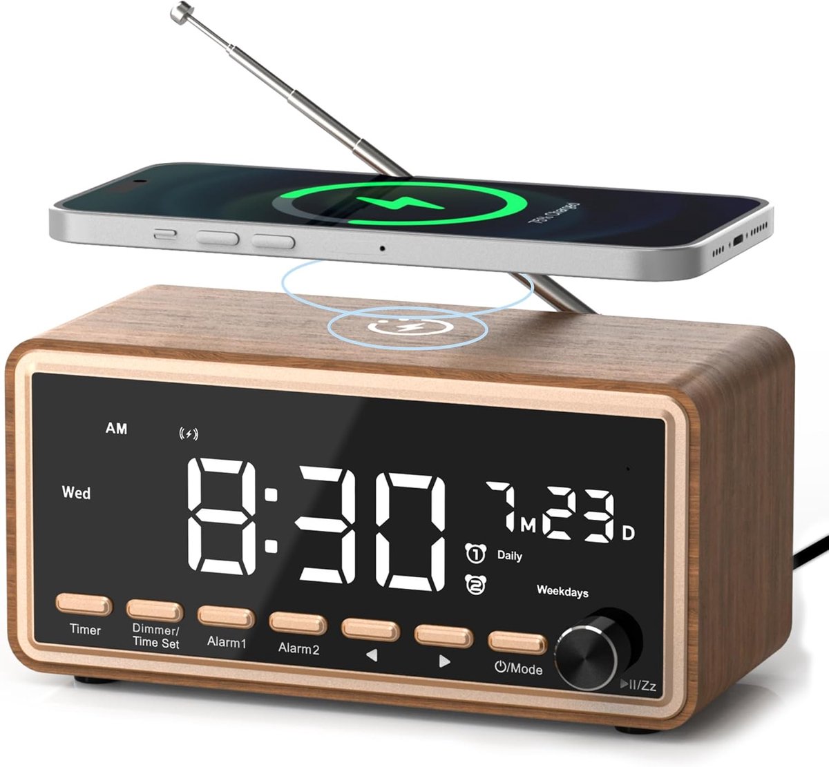 SnelShoppen - Digitale wekker met FM-radio, Bluetooth luidspreker, dubbele wekker, White Noise Machine, draadloos oplader, dimbare digitale klok - Per