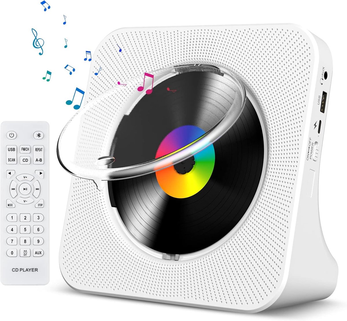 SnelShoppen - Desktop CD-speler met Bluetooth - Wandmonteerbare Draagbare Muziekspeler met Ingebouwde HiFi Speakers, LCD-scherm, USB Type-C, FM Radio