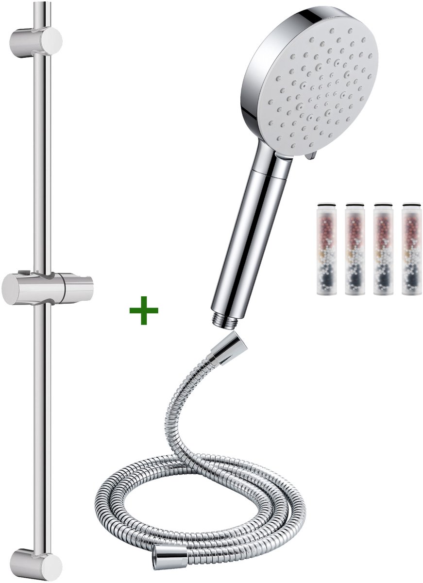 Auralum Max Doucheset met Handdouche - Douchekop met 4 Filters - 70 cm Glijstang - 6 standen - 150 cm Doucheslang - RVS - Complete Glijstangset - Waterbesparend - Chroom + Wit