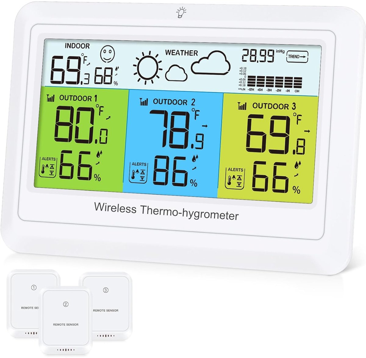 SnelShoppen - Weerstation met 3 Buitensensoren, Kleuren-LCD-Scherm, Weersvoorspelling, Thermometer Binnen en Buiten, Luchtdrukmeter, Bereik tot 100 m,