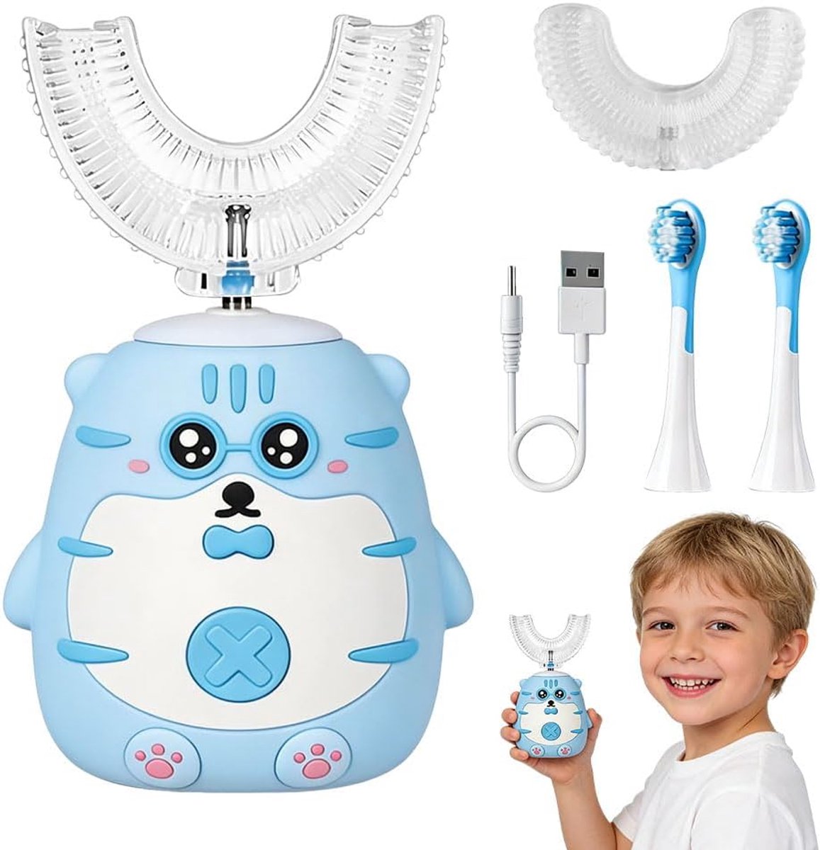 SnelShoppen - Elektrische tandenborstel voor kinderen, sonische tandenborstel voor kinderen 2-6 jaar, tijgerdesign met 2 U-vormige en 2 rechte silicon