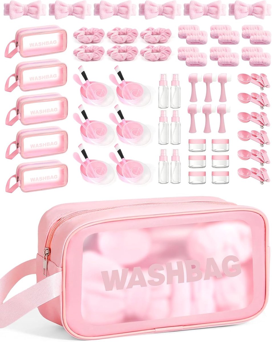 SnelShoppen - Spa Party Meisjesset 72-delig Roze voor 6 Personen | Hoofdbanden, Maskerschalen, Penselen, Cosmeticatassen voor Verjaardagsfeest, Overna