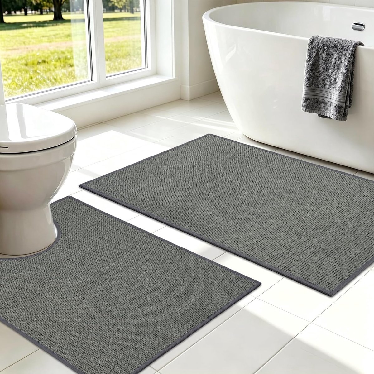 SnelShoppen - 2-delige antislip badmatten set, waterabsorberende wasbare badkamermatten en toiletmat voor de badkamer, grijs, comfortabel en veilig