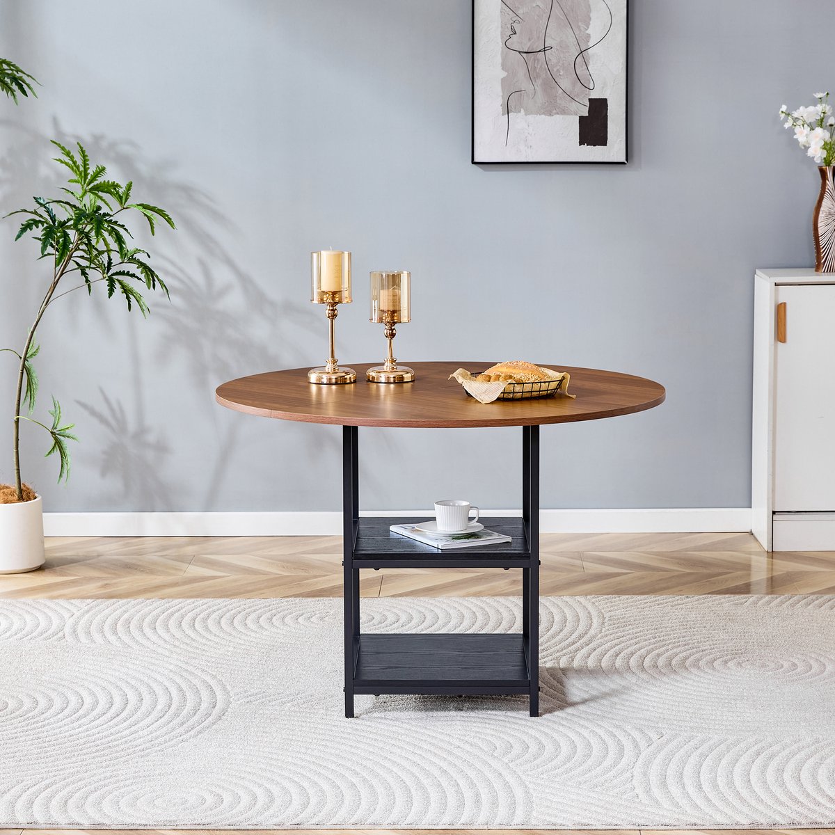 Ronde eettafel - Eettafel - Woninginrichting - Walnoothoutstructuur - MDF-plaat, metalen frame, dubbele planken - Geschikt voor familiediners of bijeenkomsten met vrienden; kan ook gebruikt worden als werktafel of speeltafel - Bruin