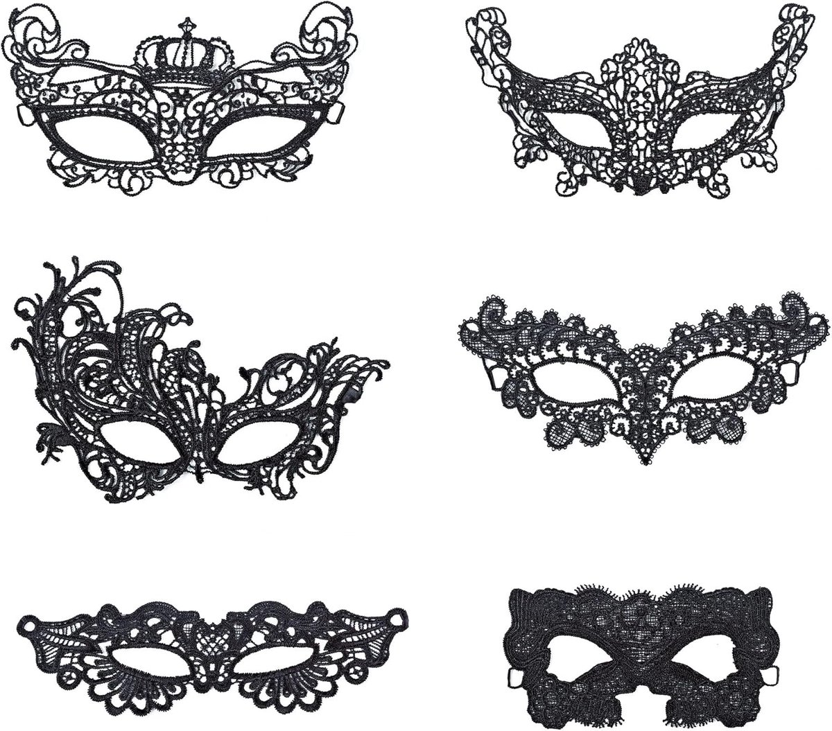 SnelShoppen - Venetiaans masker voor dames, 6 stuks, sexy kanten oogmasker, zwart, voor Halloween, carnaval, themafeest, kostuumparty, bal