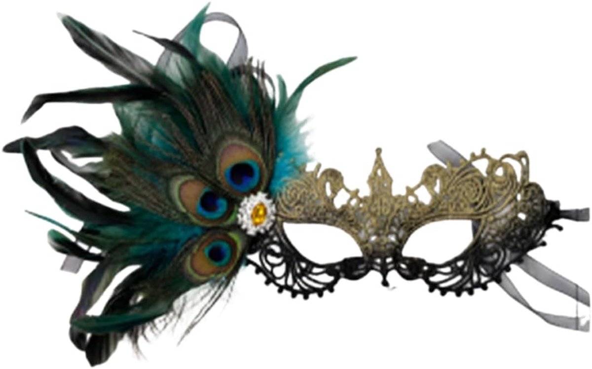 SnelShoppen - Venetiaans masker voor dames, afneembaar veerdesign, zwart kant, verstelbare riemen, 1 stuk, perfect voor carnaval, gemaskerd bal en ein
