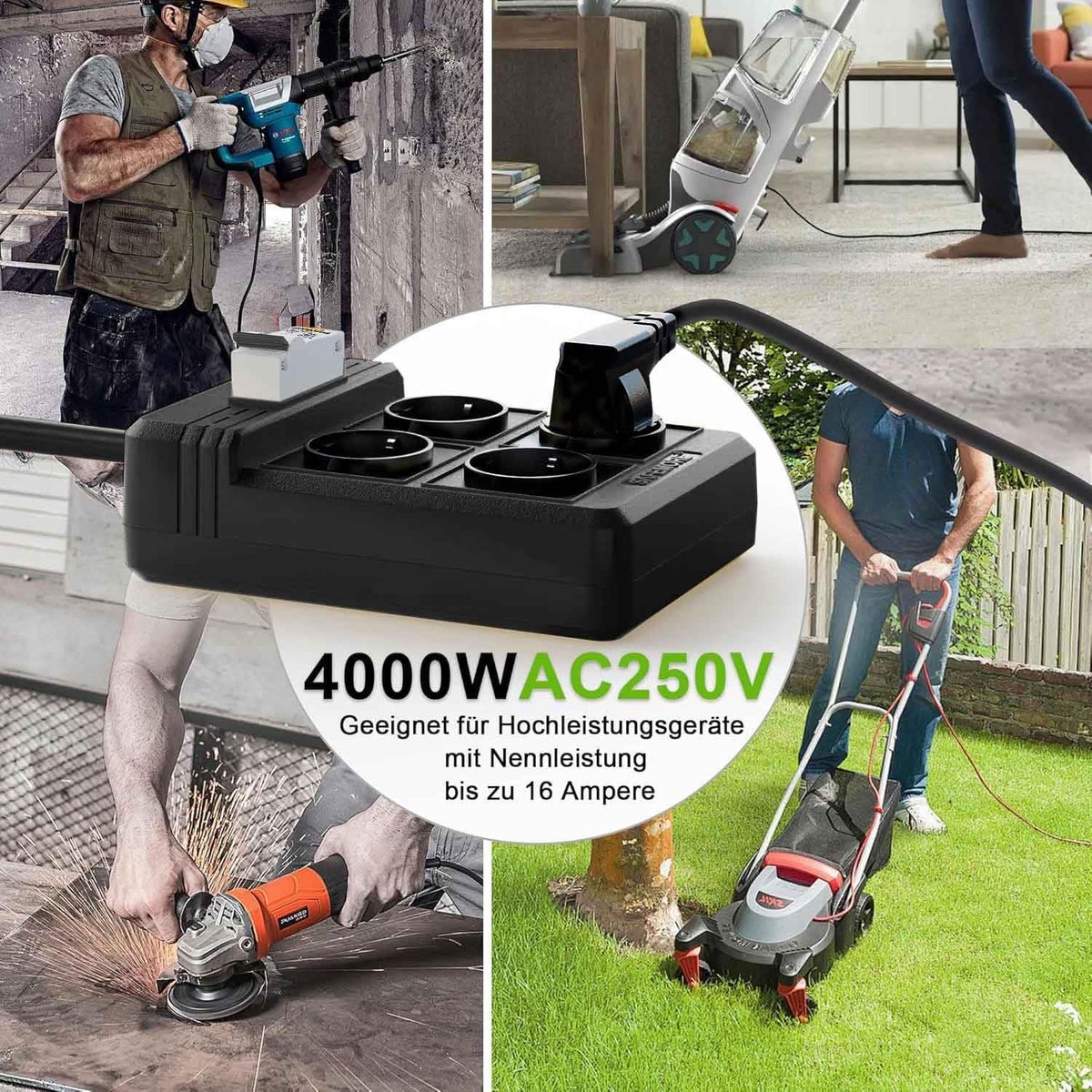 SnelShoppen - Stekkerdoos met Aardlekschakelaar, 4-voudige RCD, 16 A/250 V, FI/LS-schakelaar, 4000 W, 3 m Verlengkabel, 30 mA RCBO-stroomschakelaar, Z