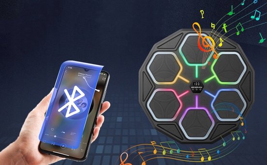 Octagonale bokstrainer met 6 led-panelen en muzieknoten. Een hand houdt een smartphone met Bluetooth-logo vast.