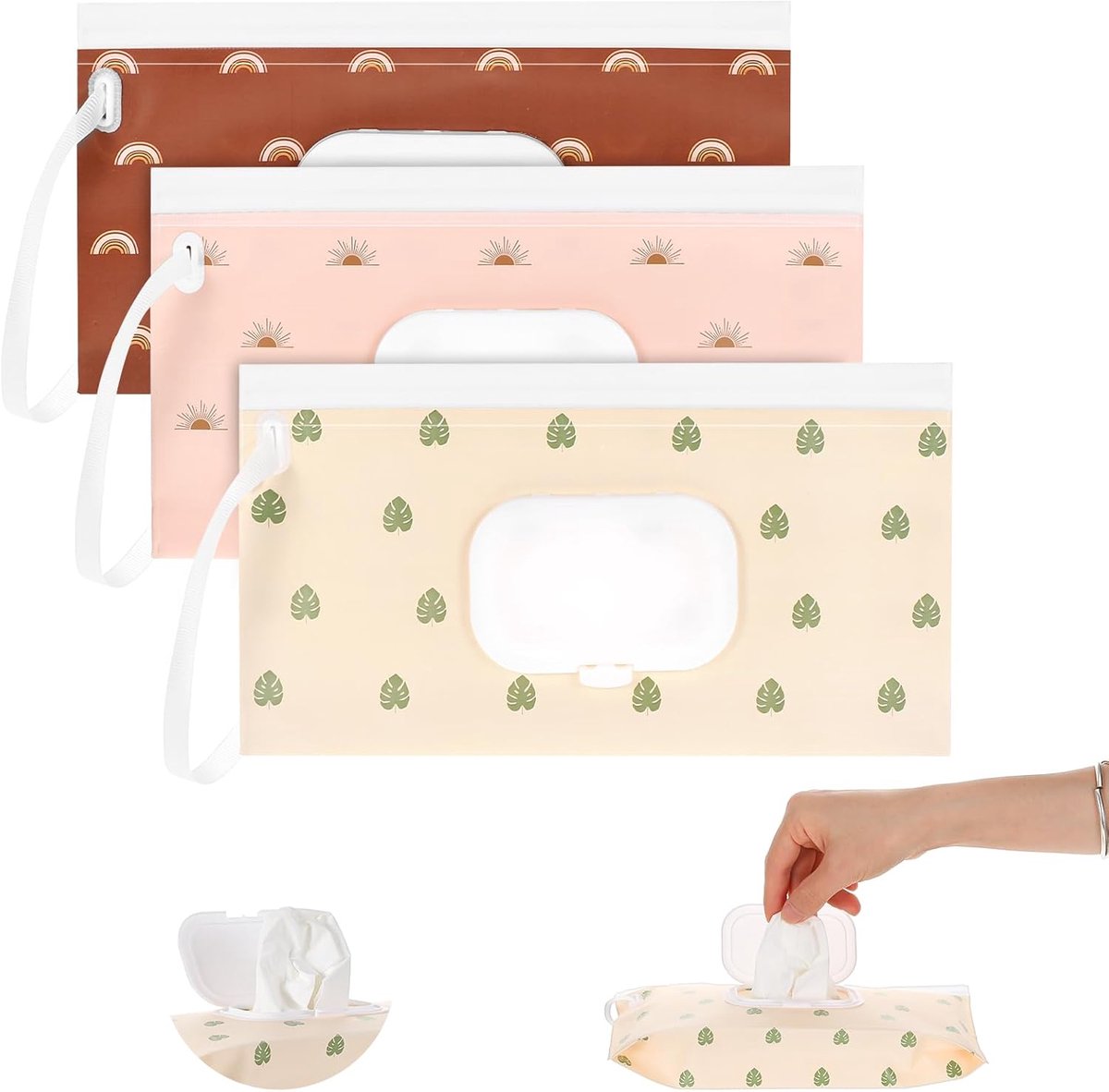 SnelShoppen - 3 Stuks Herbruikbare Vochtige Doekjes, Draagbare Dispenser, Natte Doekdoos voor Baby, Thuis, Kantoor, Reizen - EVA, Zon, Blad, Regenboog