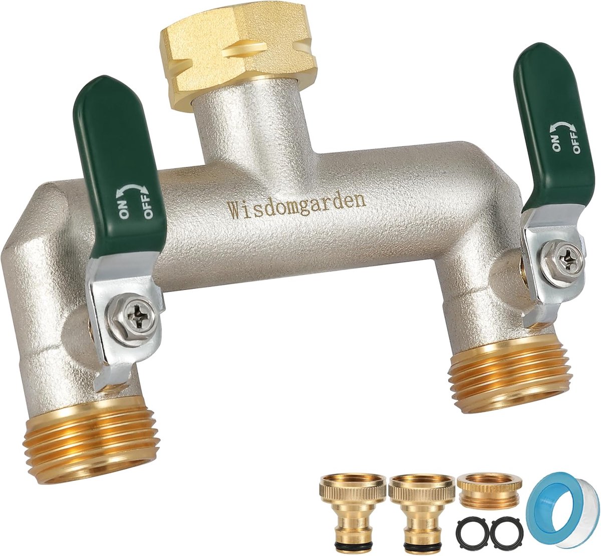 SnelShoppen - Water Distributor 2-Weg Waterverdeler van Vernikkeld Messing, Tuinverdeler met Groene Handgrepen, 3/4 Inch Aansluiting, 1/2 Inch Adapter