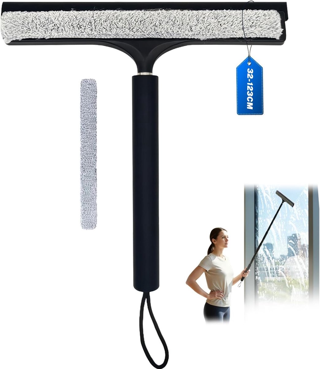 SnelShoppen - Shower Wiper met Houder zonder Boren, Uitbreidbaar van 33-123 cm, Zwarte Siliconen Trekker voor Doucheramen, Spiegels, Vloertegels, Auto