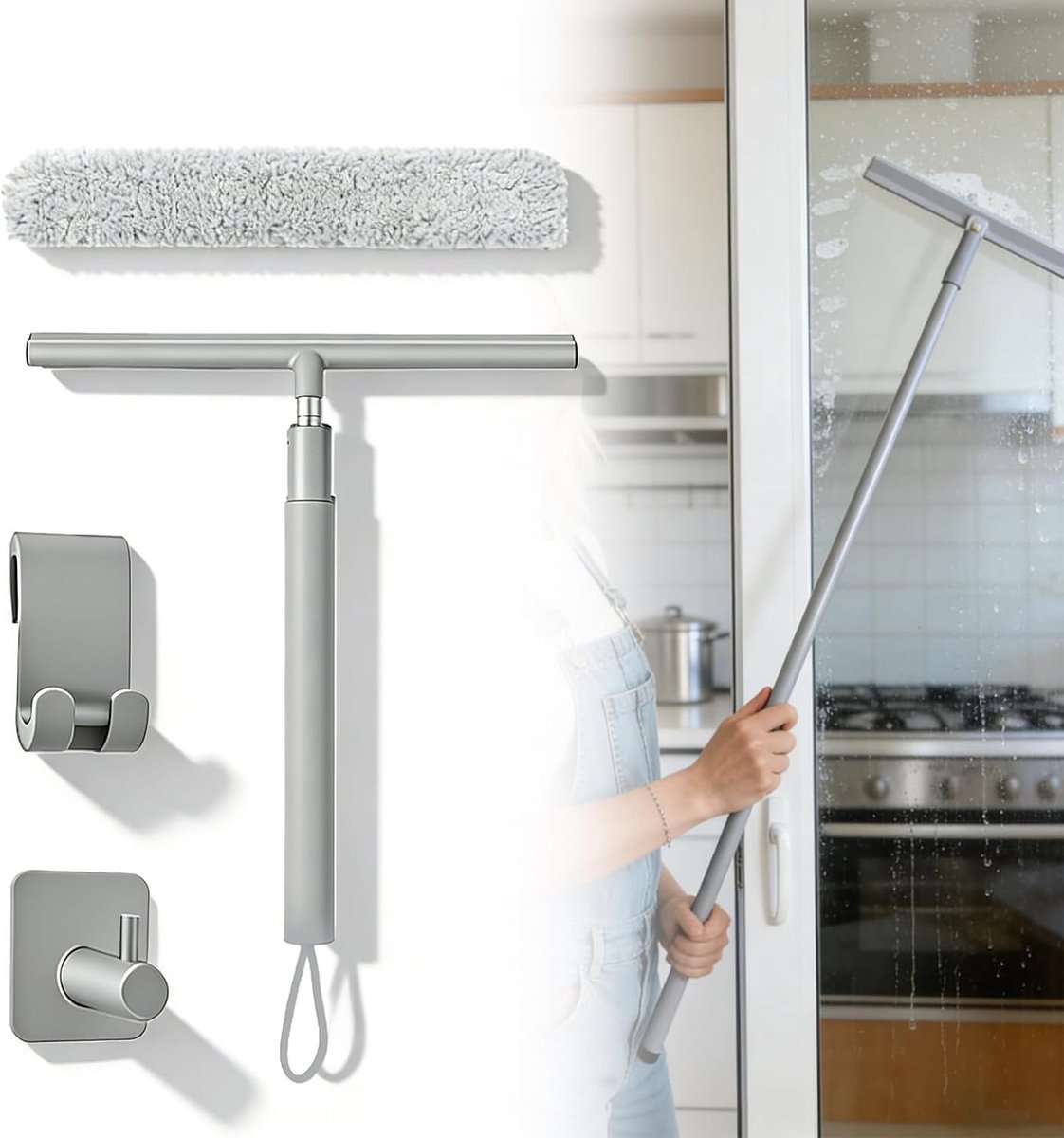 SnelShoppen - Long Handle Shower Wiper 30-120 cm, Verstelbare Douchewisser met Houder, Waterafstotende Trechter voor Tegels, Glas, Raam en Spiegel (Gr
