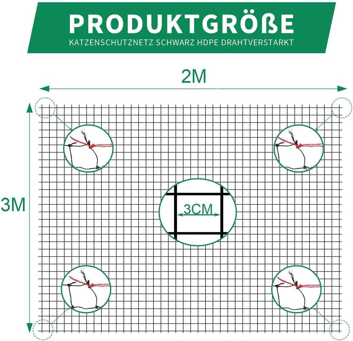 SnelShoppen - Kattennet voor Balkon 2x3m - Robuust en Bijtbestendig - Verstevigd met Draad - Zwart - Ideaal voor Veiligheid van Huisdieren