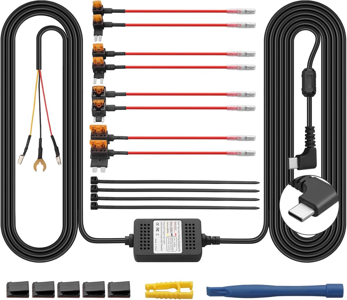 SnelShoppen - AMTOVL Dash Cam Hardwire Kit Type C - USB Dash Cam 3 Wires Kit met ACC Fuses, 12V/24V naar 5V, Laagspanningsbescherming voor Voertuigen