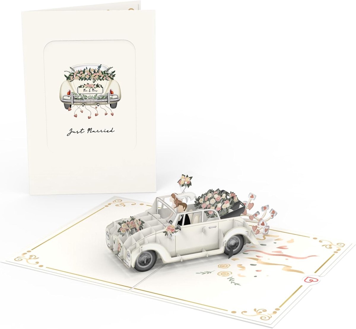 SnelShoppen - 3D Trouwring Auto Pop-Up Kaart "Just Married" - Elegante Geld Cadeaukaart voor Bruiloft en Huwelijksreis - Vintage Stijl met Gouden Deco