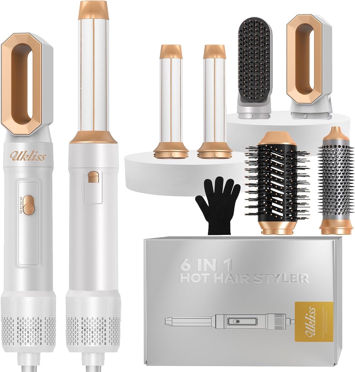 SnelShoppen - 6 in 1 Hairstyler Set met 6 Opzetstukken, Automatische Krulföhn, Ronde Borstelföhn, Heteluchtborstel, Airbrush, Stijlborstel, Haardroger