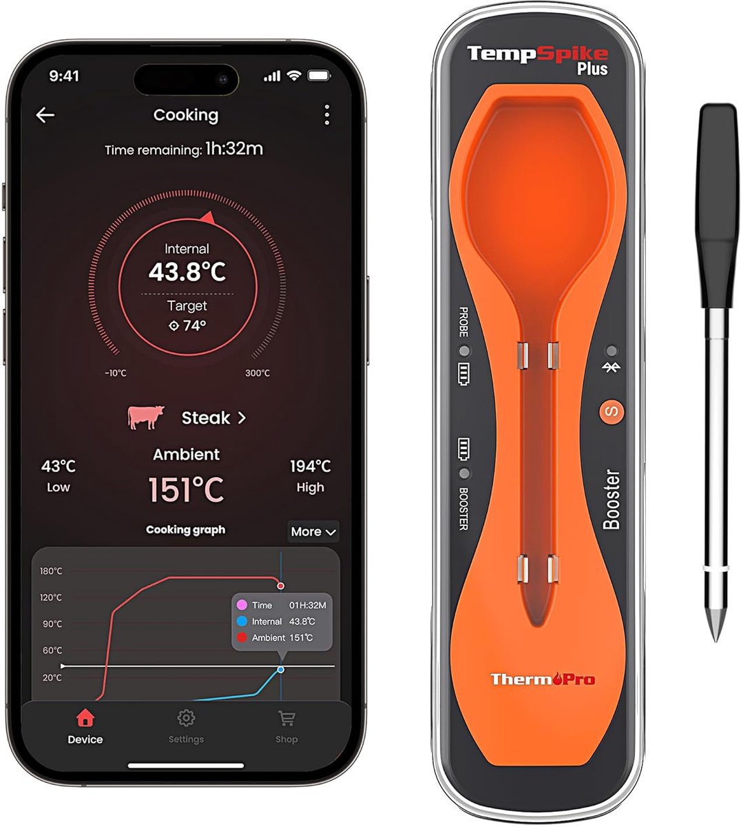 SnelShoppen - Bluetooth Vlees Thermometer met Ultra-Dunne Probe, 180m Bereik, Draadloze BBQ Thermometer voor Grill, Smoker en Keuken, Perfect voor Fee