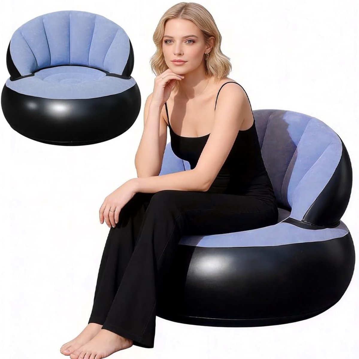 SnelShoppen - Inflatable Sofa 2 in 1 Air Sofa - Ergonomisch - Flocked Surface - Waterproof - Portable Chair met Pomp - Licht Blauw - Perfect voor Camp