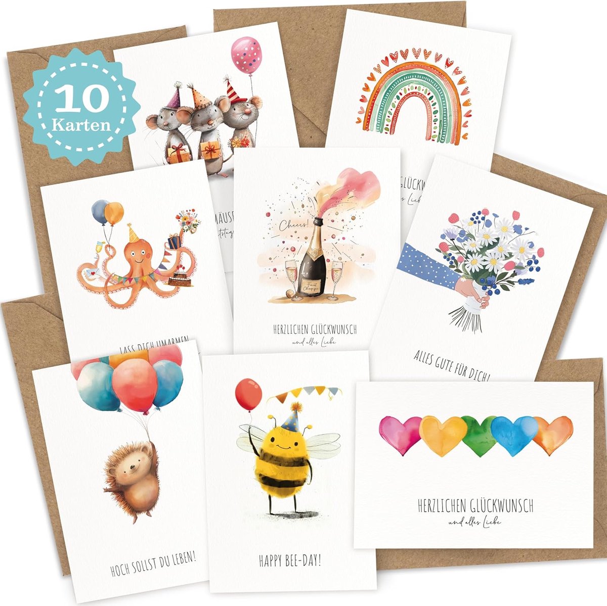 SnelShoppen - 10 x Verjaardagskaarten Set met Enveloppen en Stickers, Vouwkaarten voor Verjaardag, Gelukkige Verjaardag Kaarten, Kaarten voor Vrienden