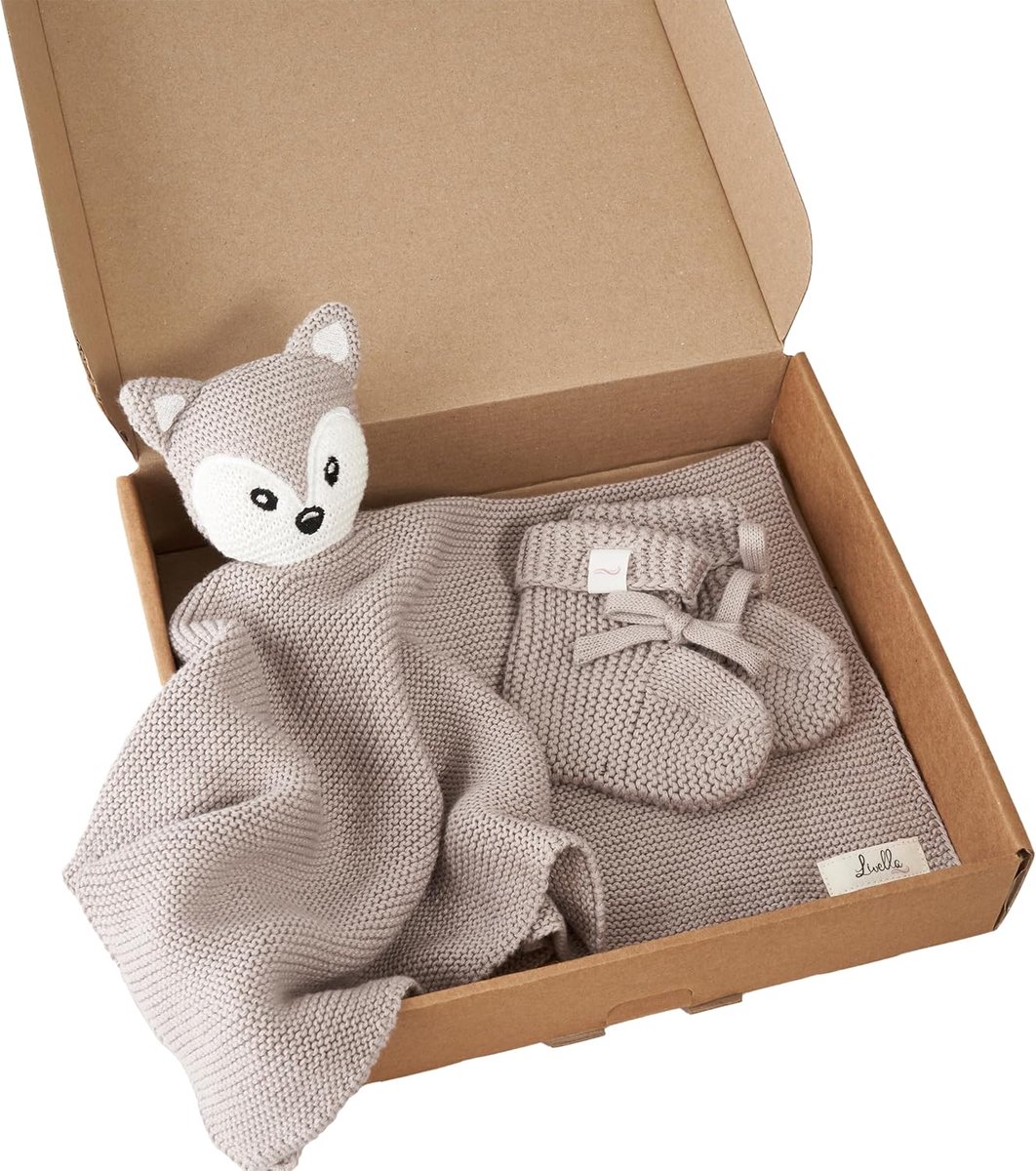 SnelShoppen - Cuddly Cloth Fox met Sok - Pure Organische Katoen - Premium Cuddly Dekentje - Gebreid - Velvety Zacht en Ademend - 40x40 cm - Perfect vo