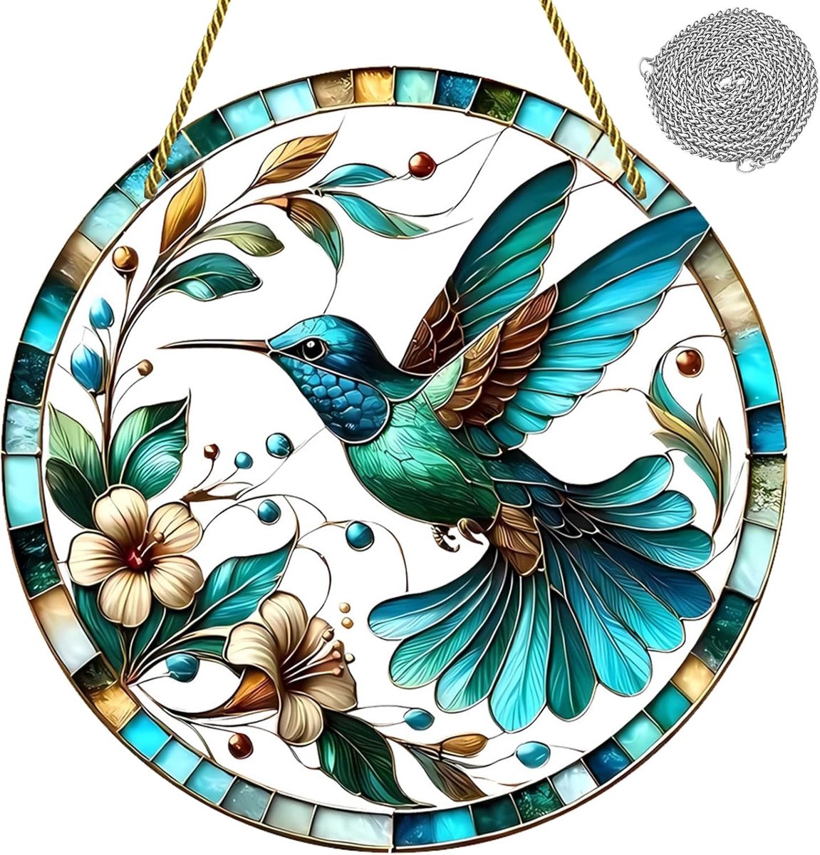SnelShoppen - 20x20 cm Hummingbird Sun Catcher, Kleurvolle Glas Effect, Raamdecoratie met Kettinghaak, Tuin, Balkon, Woonkamer, Boho Decoratie