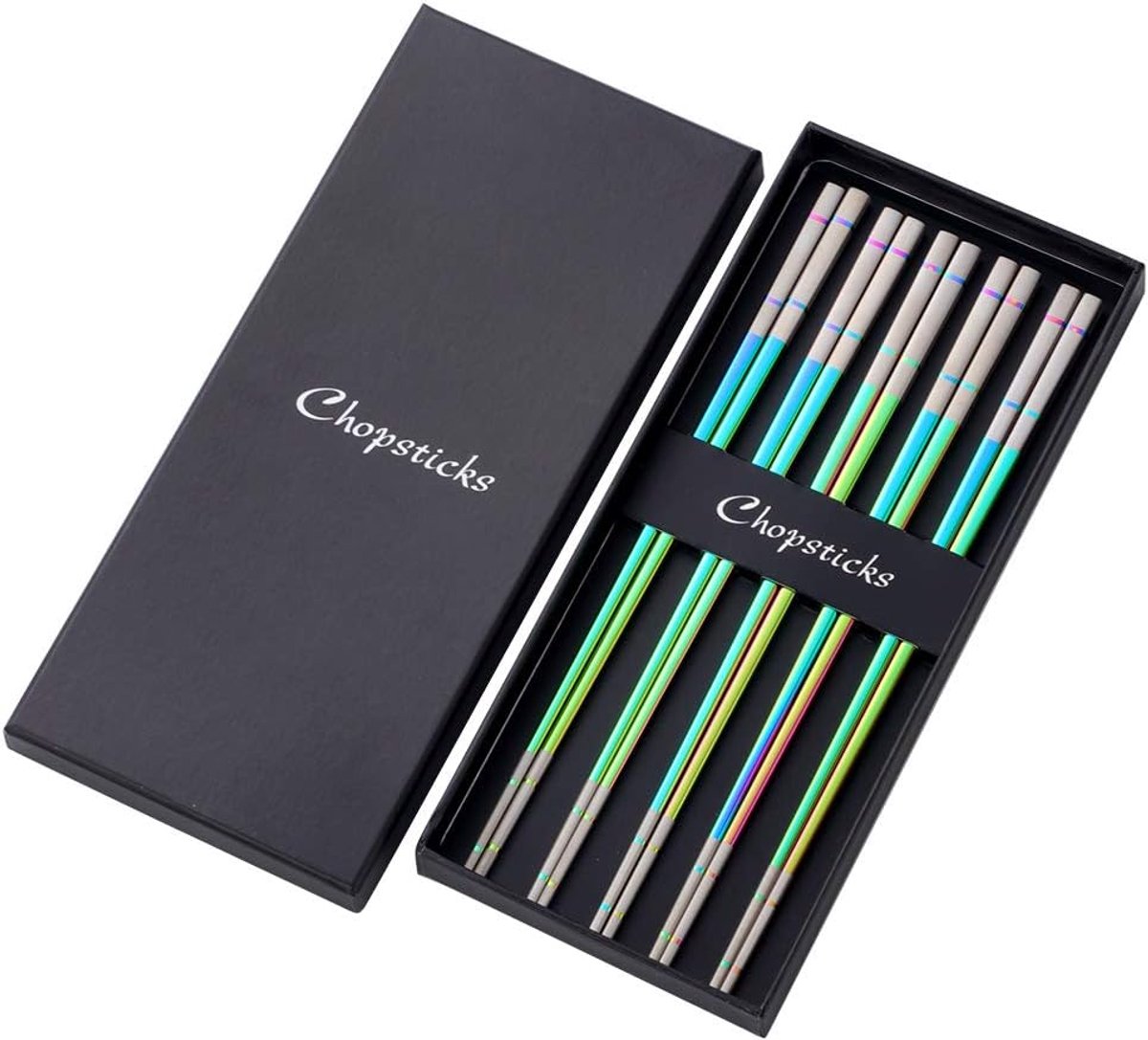 SnelShoppen - Set van 5 Pairs RVS Kleurvolle Chopsticks - 23.3cm Lange Sushi Sticks - Ergonomisch, Corrosiebestendig, Vaatwasserbestendig - Perfecte C