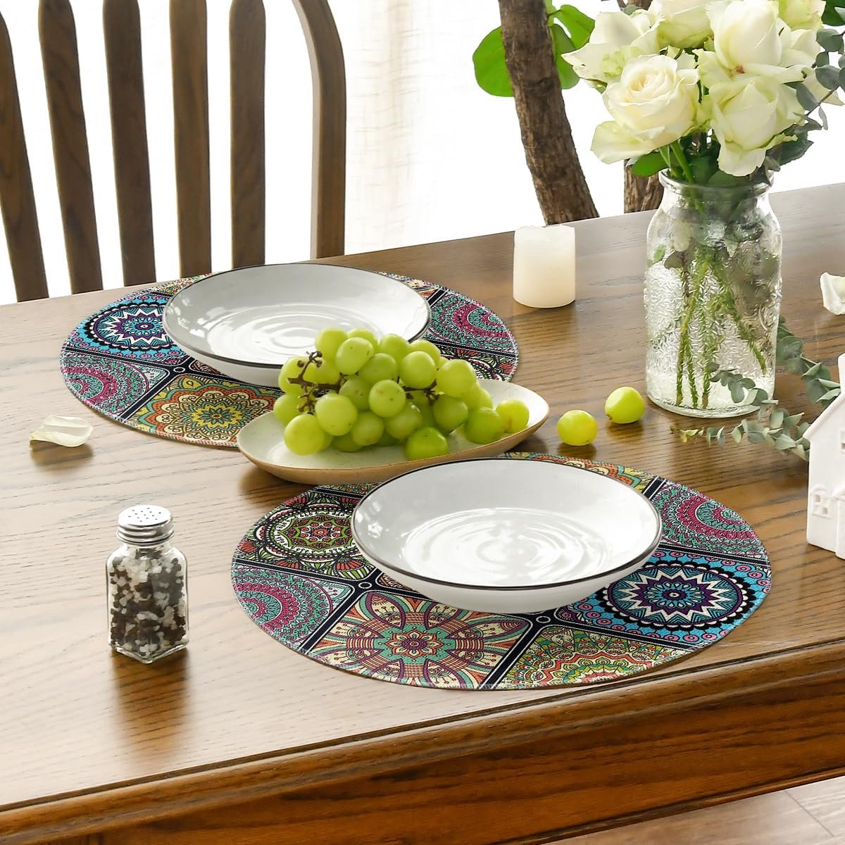 SnelShoppen - Boho Vintage Geometrische Marokkaanse Set van 4 Placemats - 37cm Kleurrijke Tafelmatten voor Keuken, Feest en Binnengebruik