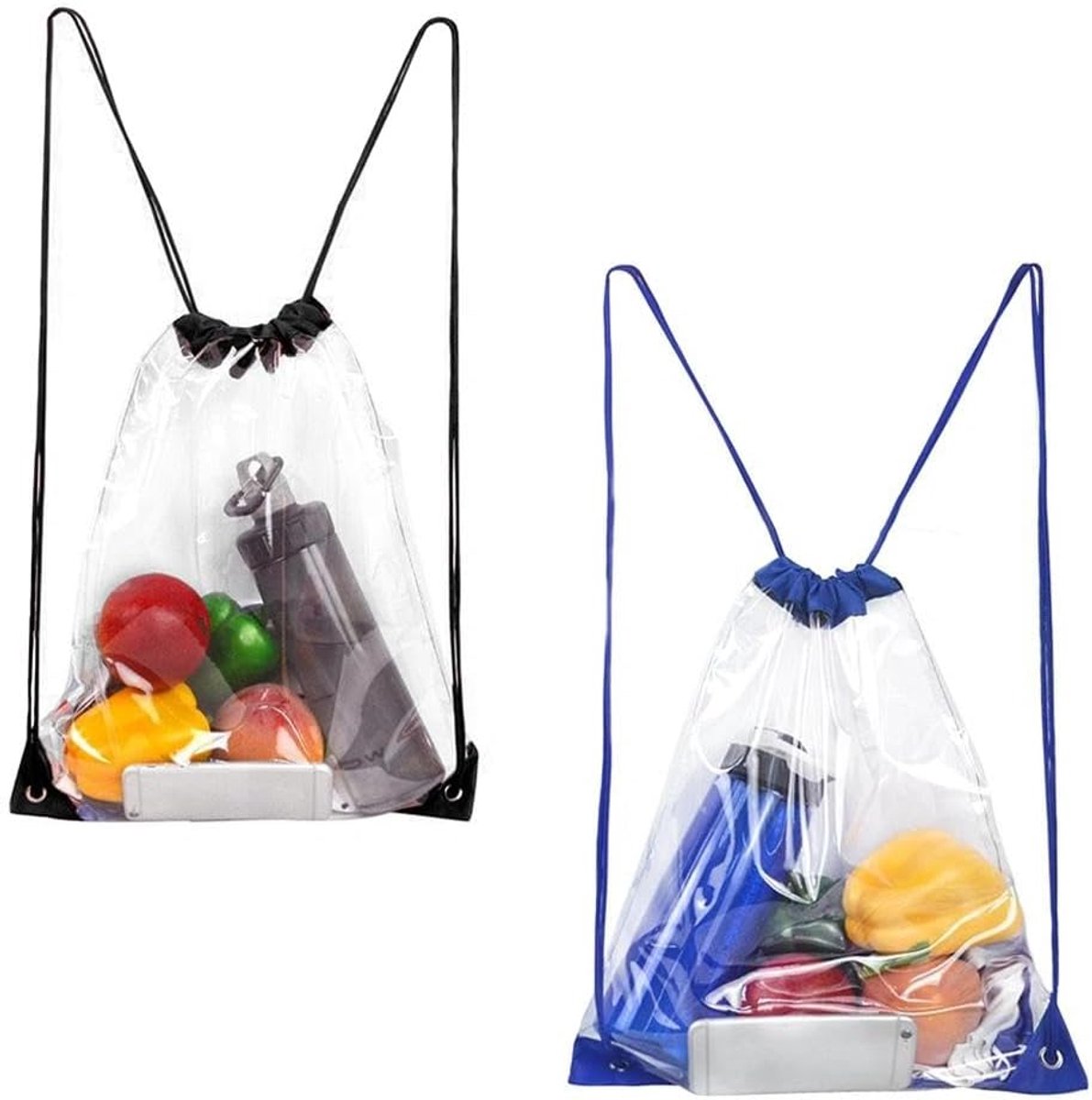 SnelShoppen - 2 Stuks PVC Trekkoord Rugzakken - Opvouwbare Zwembagtas - Waterdichte Sporttas voor Volwassenen, Kinderen en Studenten - 43x34 cm - Zwar